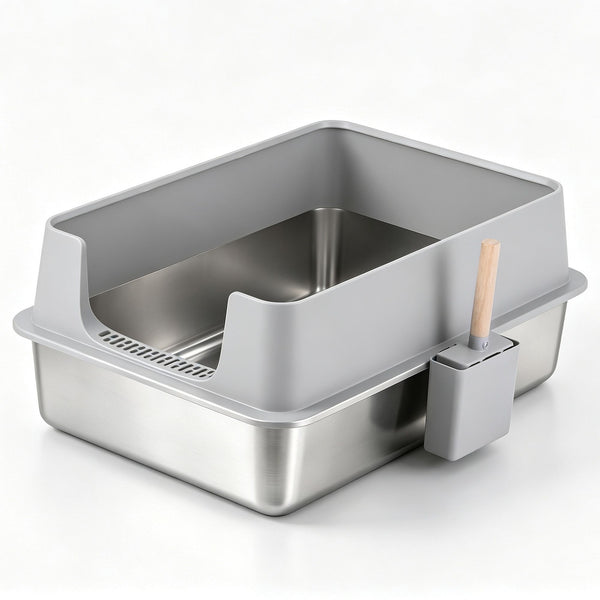 i.Pet XXL Cat Litter Box Stainless Steel Jumbo Semi-Enclosed Pet Kitty Toilet Grey Awezingly