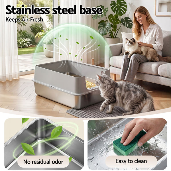 i.Pet XXL Cat Litter Box Stainless Steel Jumbo Semi-Enclosed Pet Kitty Toilet Grey Awezingly