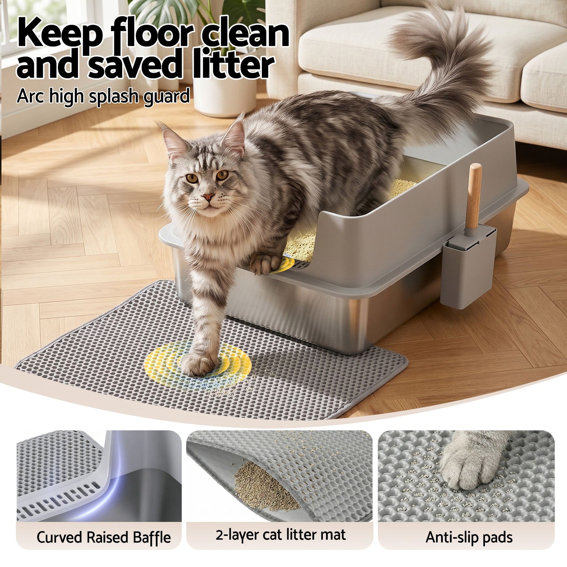i.Pet XXL Cat Litter Box Stainless Steel Jumbo Semi-Enclosed Pet Kitty Toilet Grey Awezingly