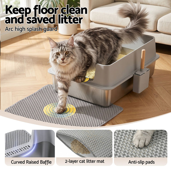 i.Pet XXL Cat Litter Box Stainless Steel Jumbo Semi-Enclosed Pet Kitty Toilet Grey Awezingly