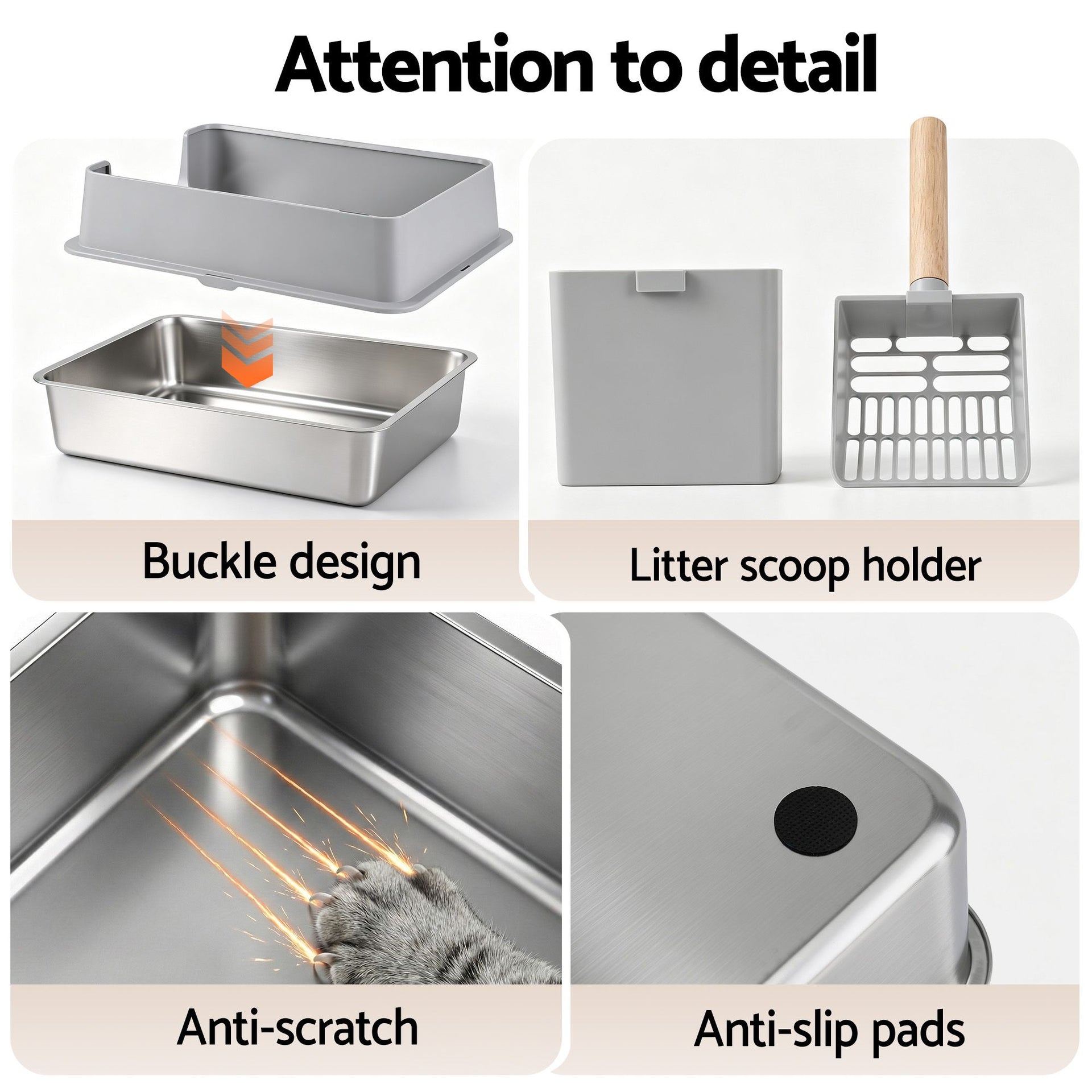 i.Pet XXL Cat Litter Box Stainless Steel Jumbo Semi-Enclosed Pet Kitty Toilet Grey Awezingly