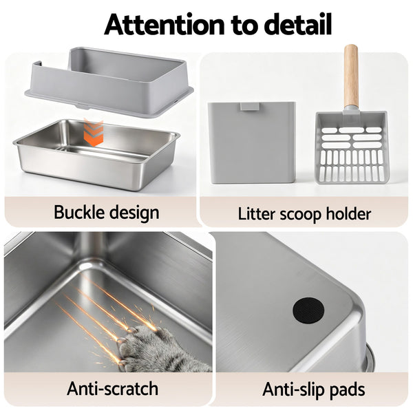 i.Pet XXL Cat Litter Box Stainless Steel Jumbo Semi-Enclosed Pet Kitty Toilet Grey Awezingly