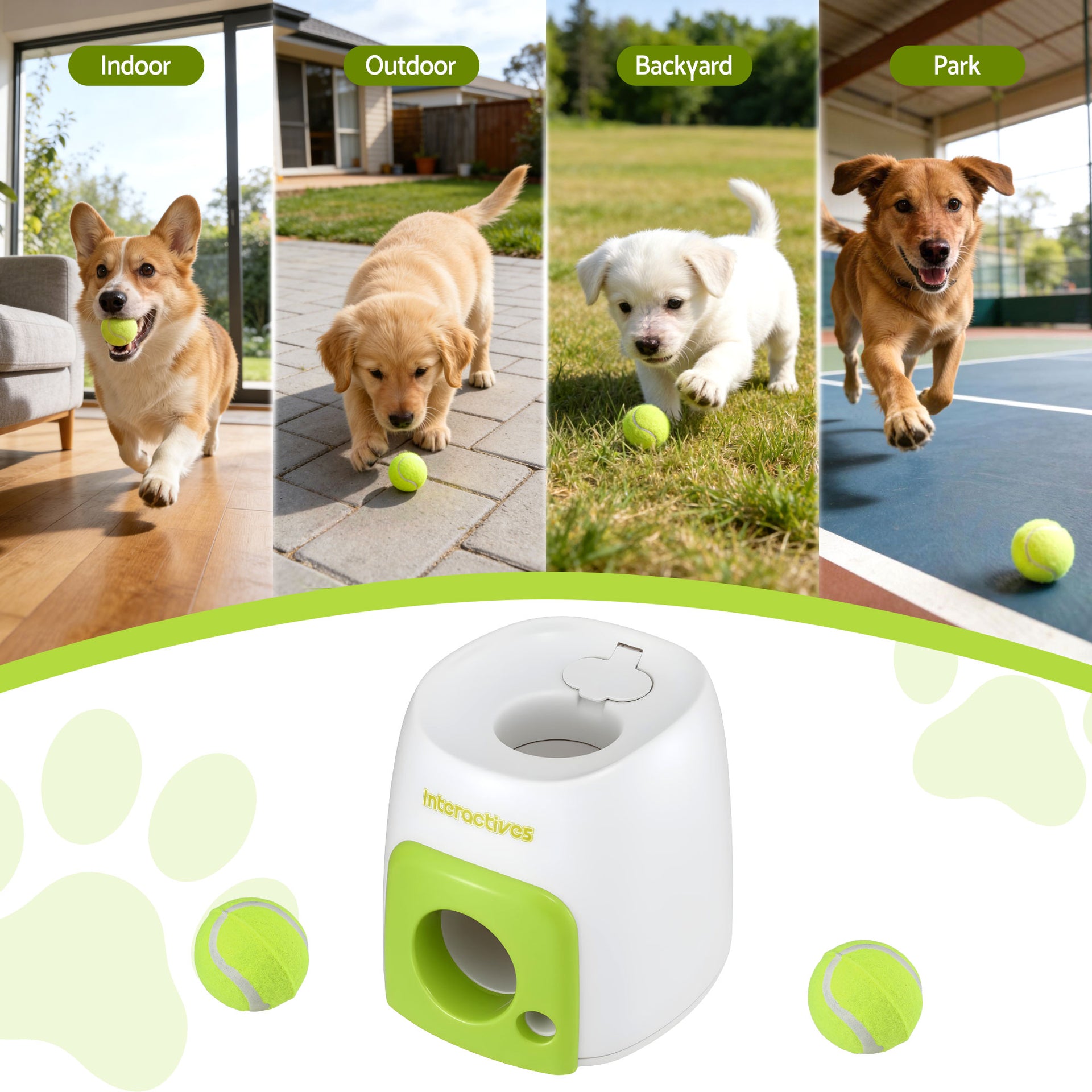 i.Pet 2-in-1 Dog Ball Launcher & Treat Dispenser with 2 Balls Green Awezingly