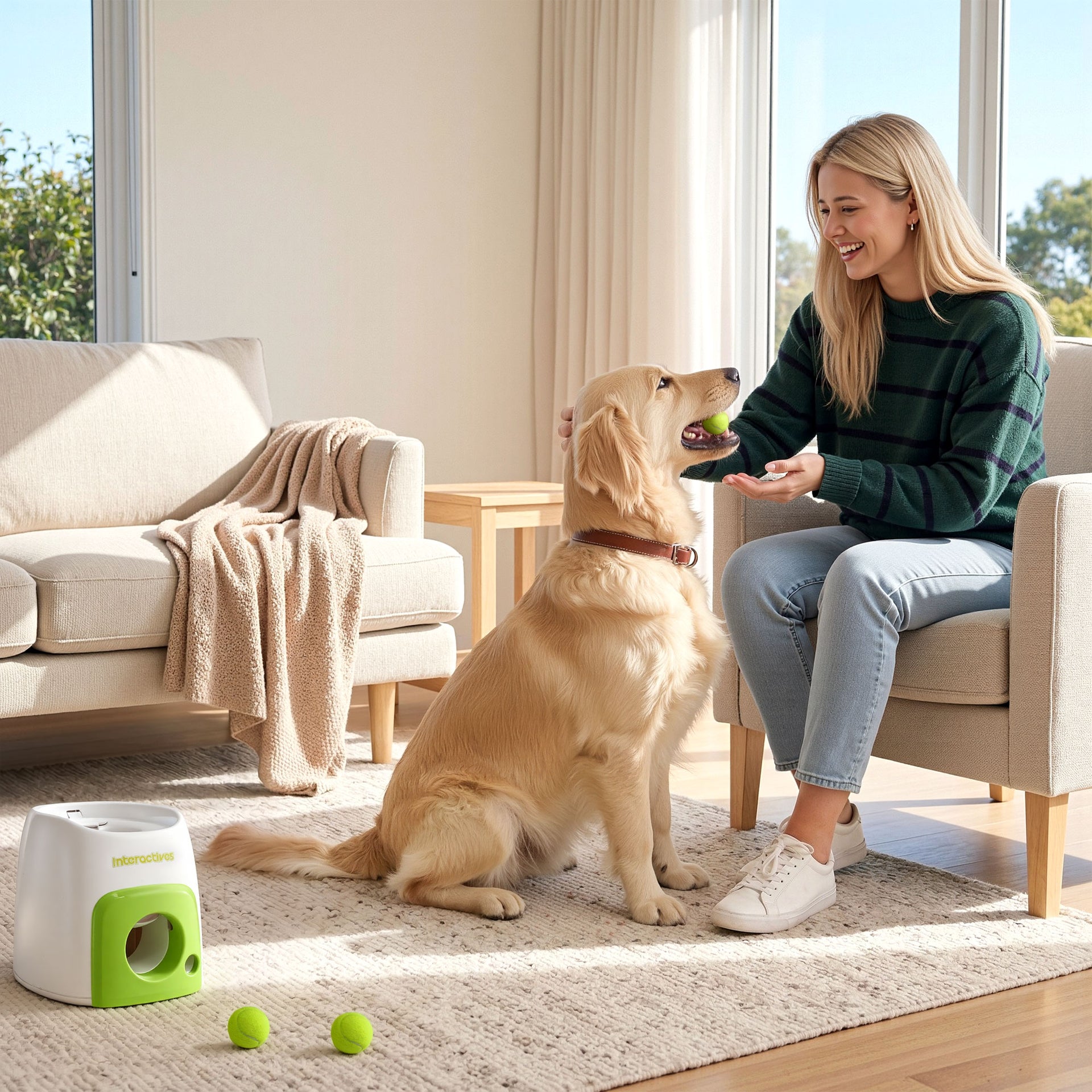 i.Pet 2-in-1 Dog Ball Launcher & Treat Dispenser with 2 Balls Green Awezingly