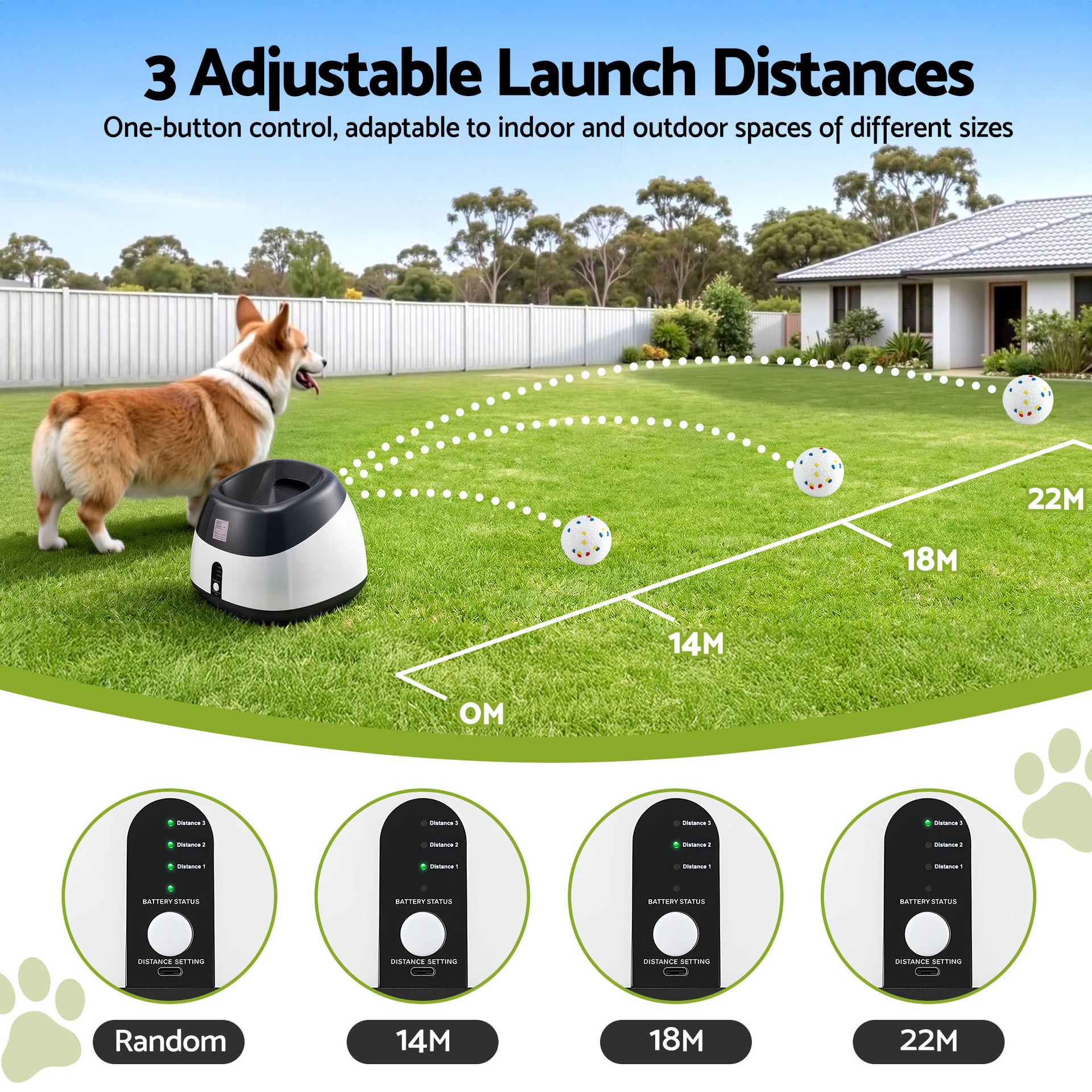 i.Pet Dog Ball Launcher Thrower with 6 ETPU Balls & 14/18/22m Launch Distance Black Awezingly