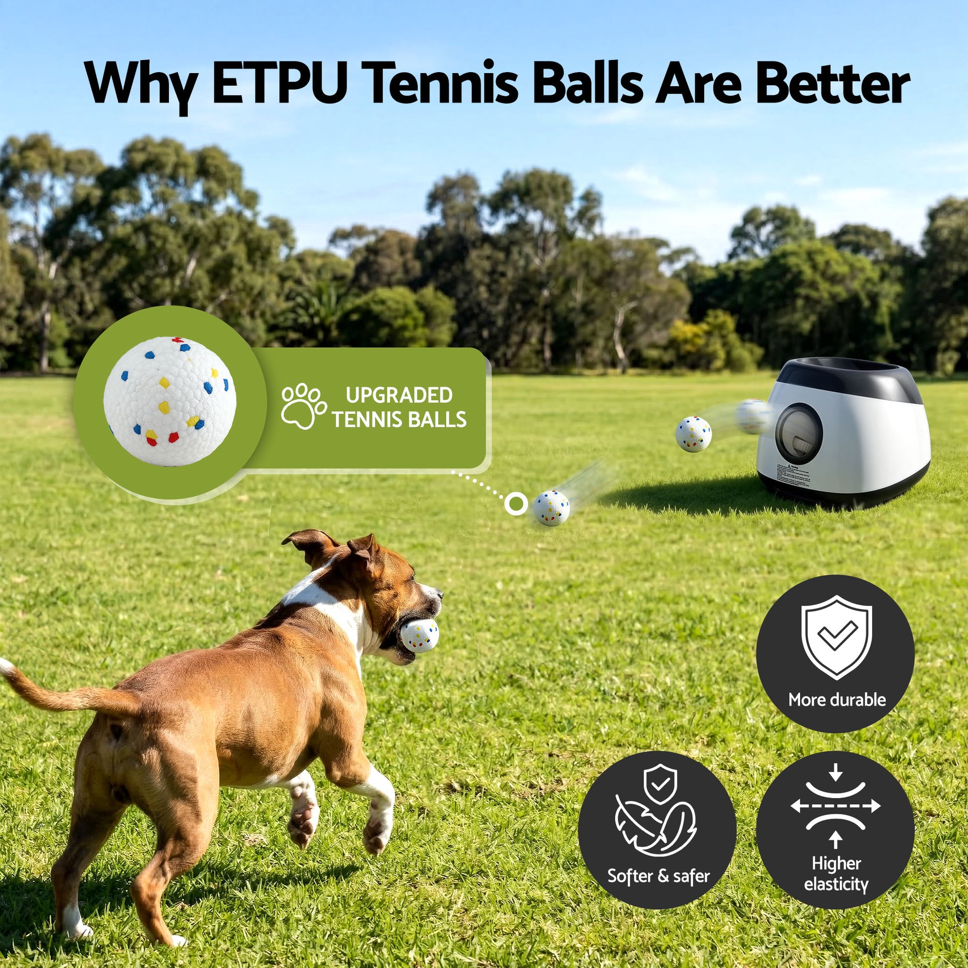 i.Pet Dog Ball Launcher Thrower with 6 ETPU Balls & 14/18/22m Launch Distance Black Awezingly