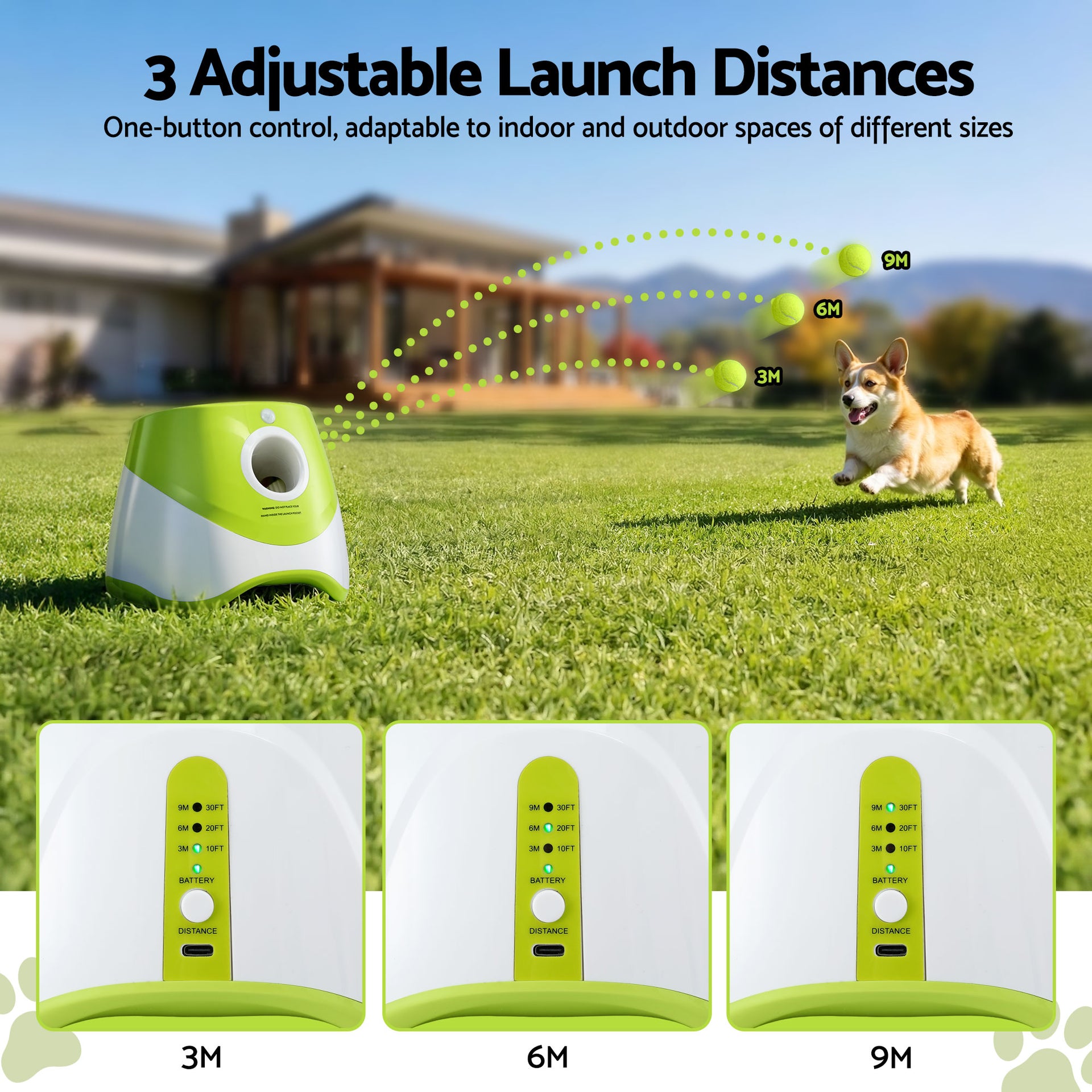 i.Pet Dog Ball Launcher Thrower with 6 Balls & 3/6/9m Launch Distances Green Awezingly