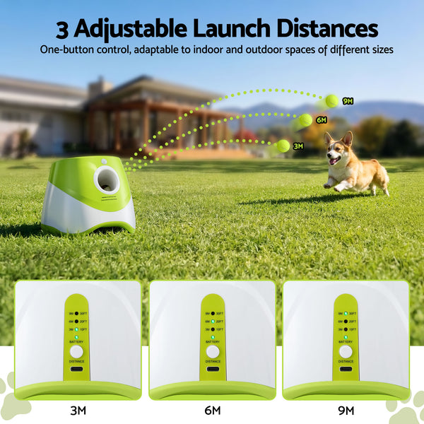 i.Pet Dog Ball Launcher Thrower with 6 Balls & 3/6/9m Launch Distances Green Awezingly