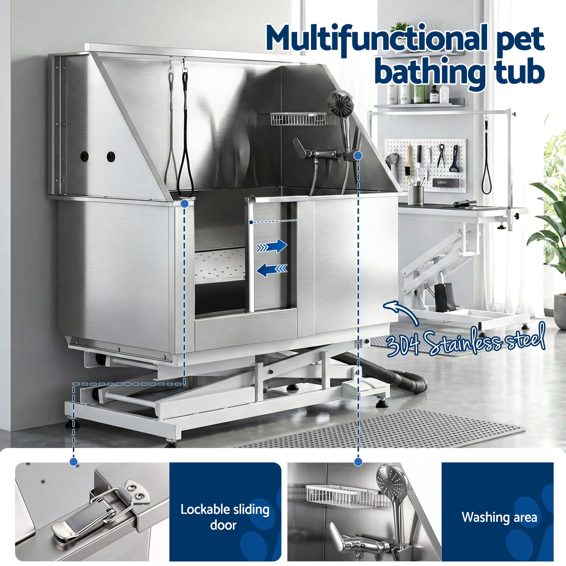 i.Pet Electric Pet Bath Tub Dog Grooming Stainless Steel Wash Station 127cm Awezingly
