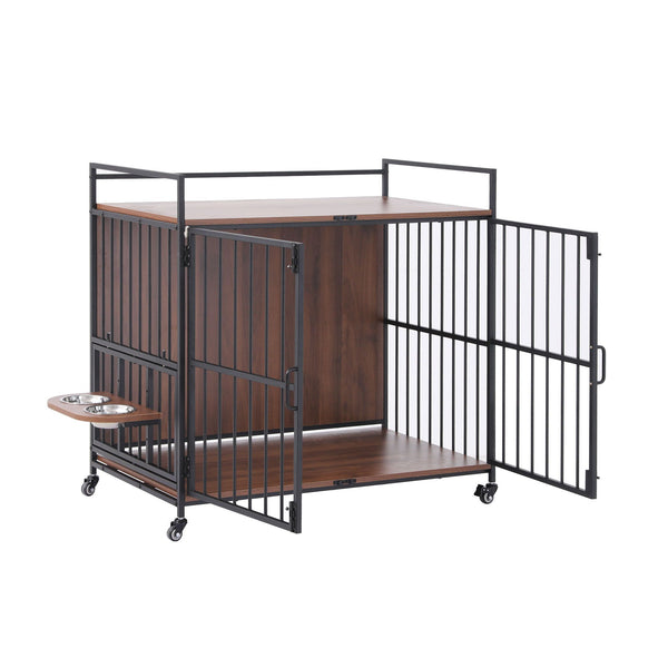 i.Pet 2-in-1 Wooden Dog Crate 99cm Pet Cage Furniture End Table Wheels Black Awezingly