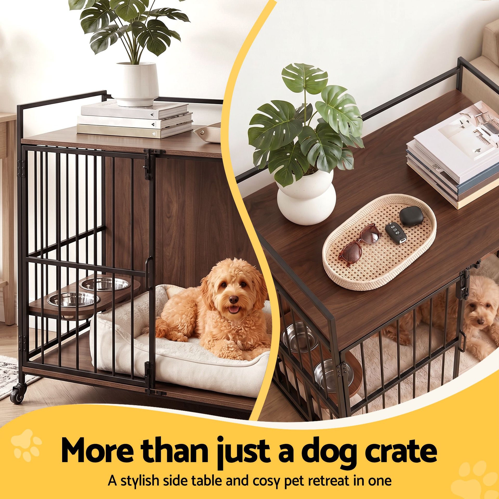 i.Pet 2-in-1 Wooden Dog Crate 99cm Pet Cage Furniture End Table Wheels Black Awezingly