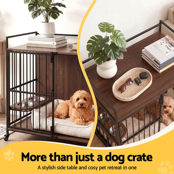 i.Pet 2-in-1 Wooden Dog Crate 99cm Pet Cage Furniture End Table Wheels Black Awezingly