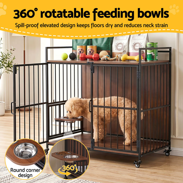 i.Pet 2-in-1 Wooden Dog Crate 99cm Pet Cage Furniture End Table Wheels Black Awezingly