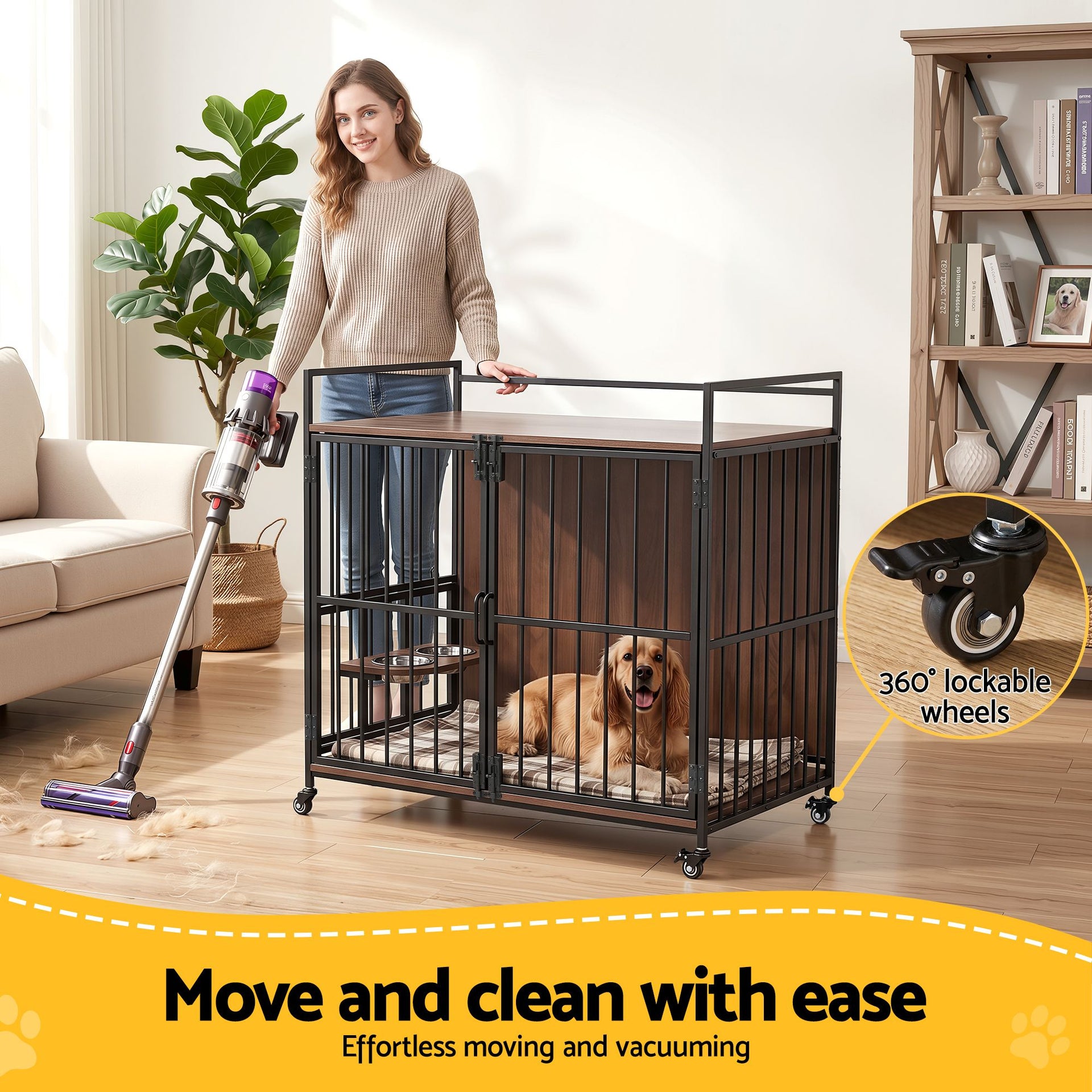 i.Pet 2-in-1 Wooden Dog Crate 99cm Pet Cage Furniture End Table Wheels Black Awezingly