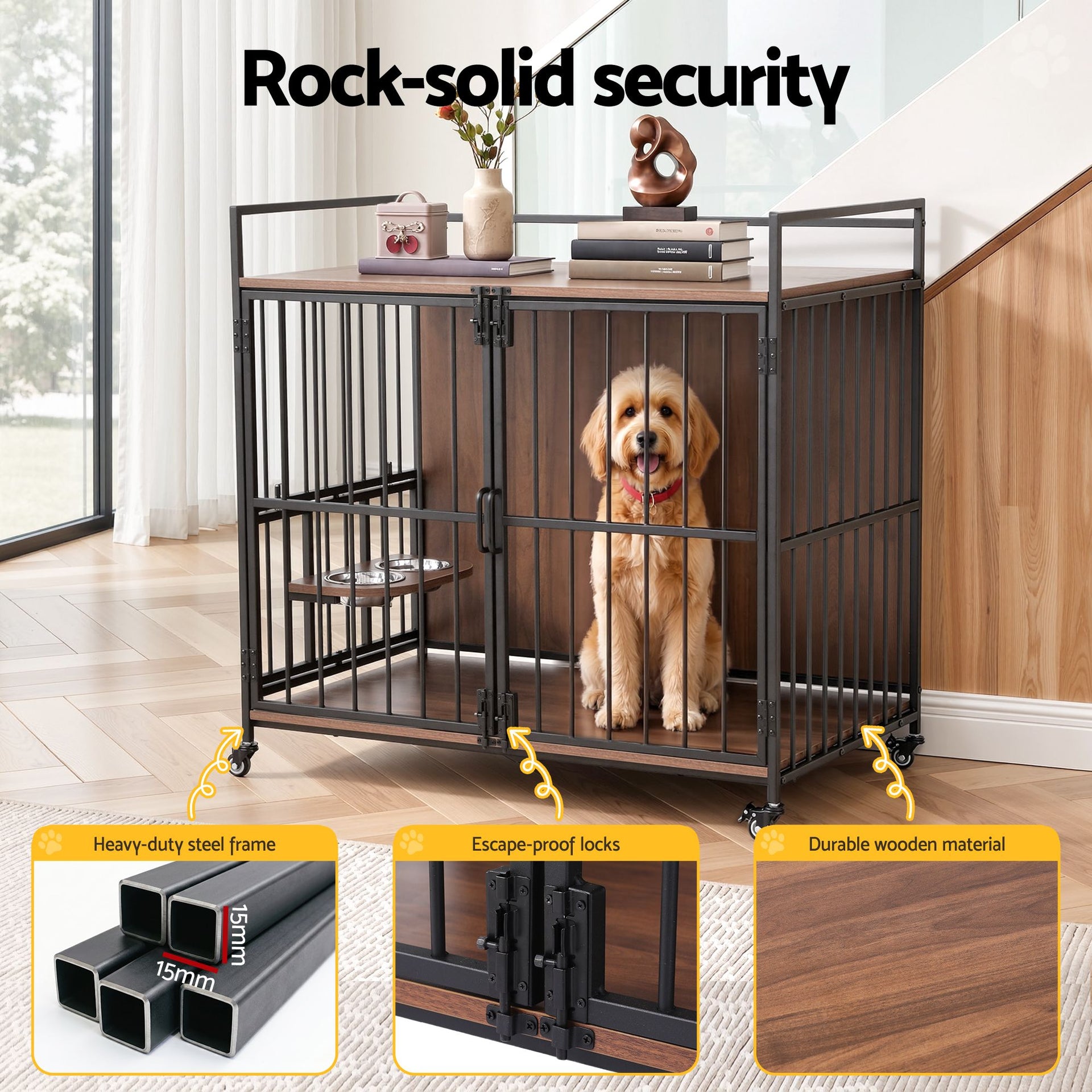 i.Pet 2-in-1 Wooden Dog Crate 99cm Pet Cage Furniture End Table Wheels Black Awezingly