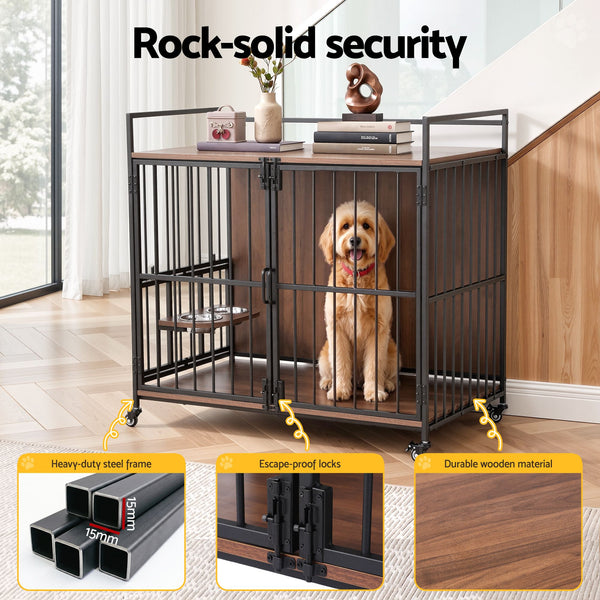 i.Pet 2-in-1 Wooden Dog Crate 99cm Pet Cage Furniture End Table Wheels Black Awezingly