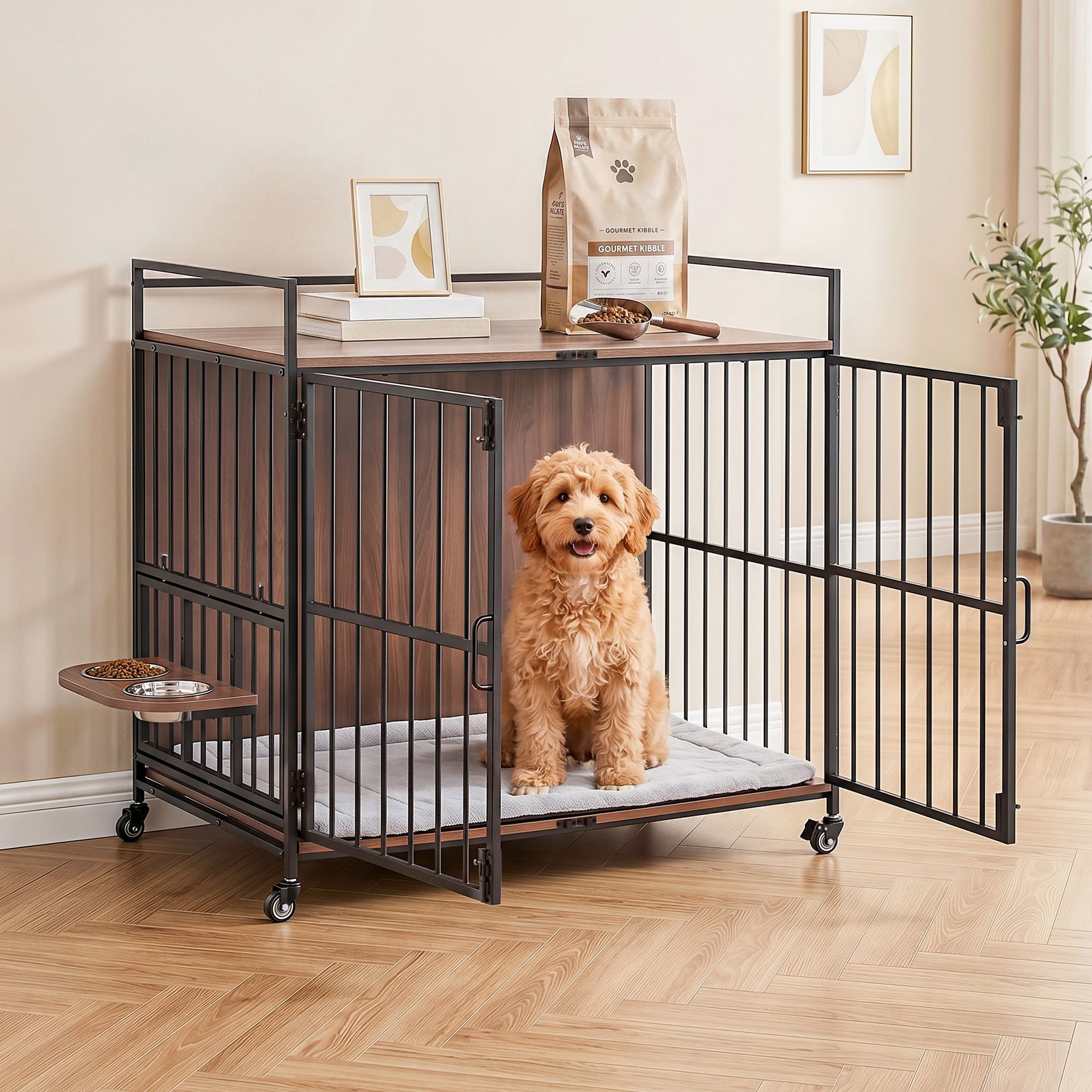 i.Pet 2-in-1 Wooden Dog Crate 99cm Pet Cage Furniture End Table Wheels Black Awezingly