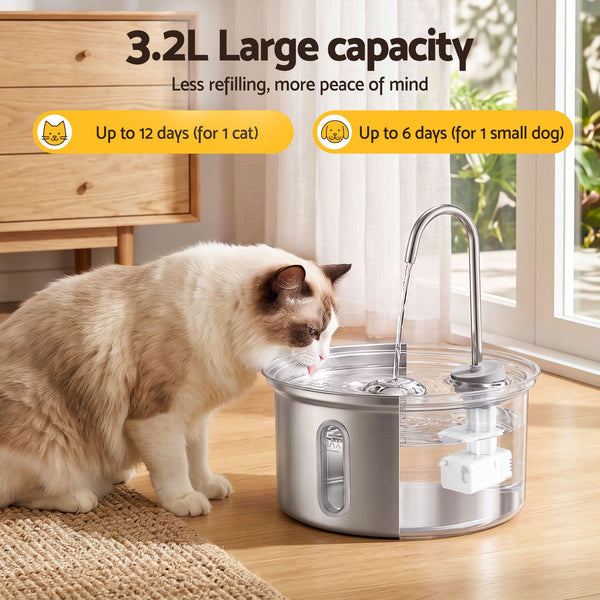 i.Pet 3.2L Cat Water Fountain Pet Feeder Dog Drinking Dispenser 304 Stainless Steel Awezingly