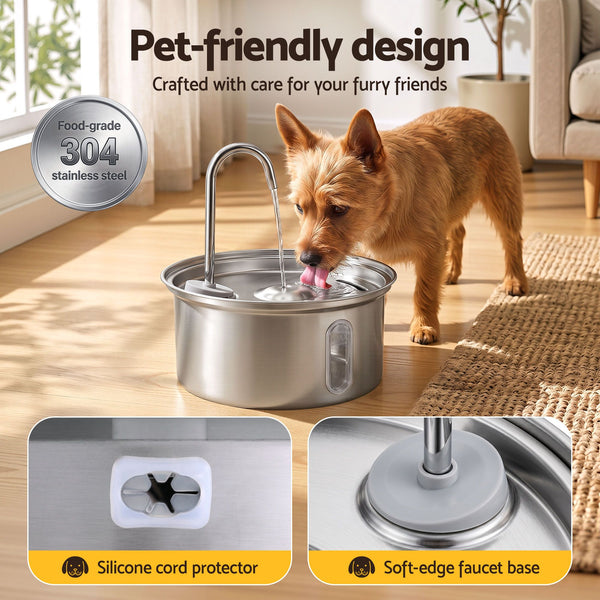 i.Pet 3.2L Cat Water Fountain Pet Feeder Dog Drinking Dispenser 304 Stainless Steel Awezingly