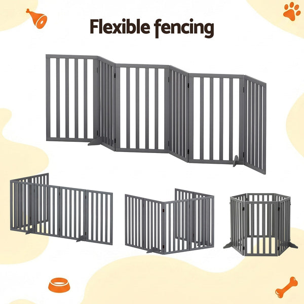 i.Pet Dog Gate Playpen Enclosure 6 Panels Pet Door Fence Wooden Play Pen Stair Awezingly