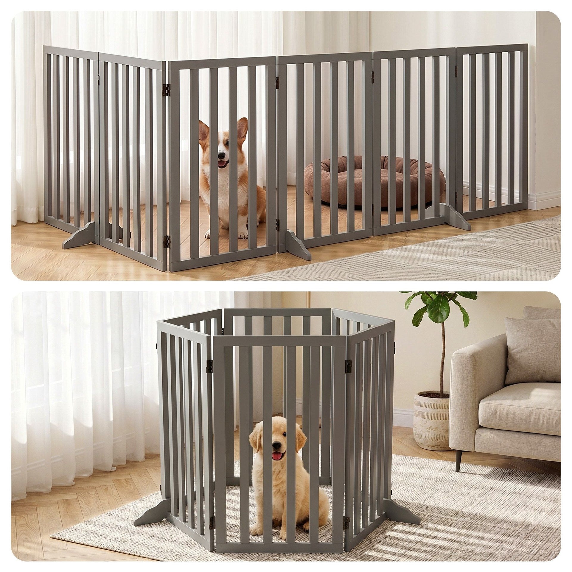 i.Pet Dog Gate Playpen Enclosure 6 Panels Pet Door Fence Wooden Play Pen Stair Awezingly