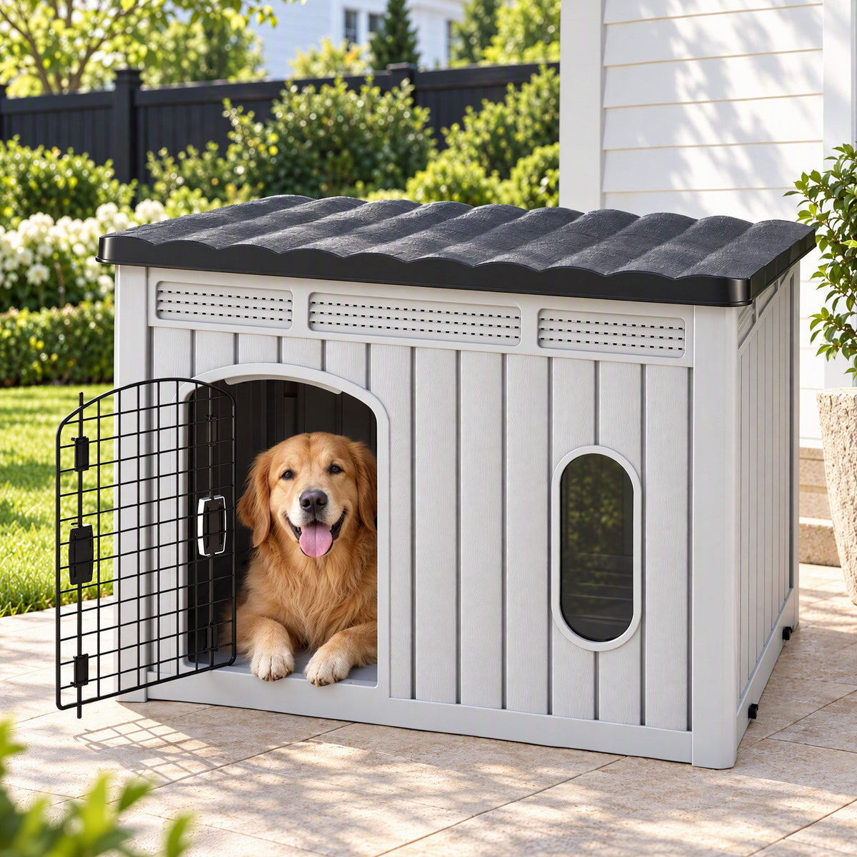 i.Pet 109cm Large Dog House Outdoor Pet Kennel with Metal Door Grey Awezingly