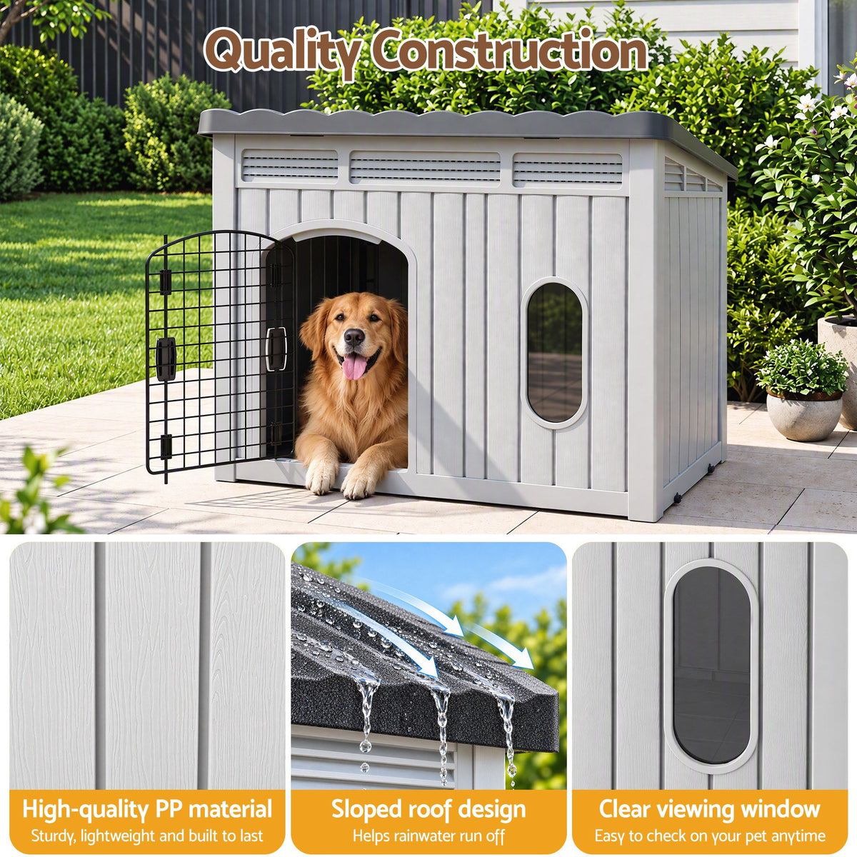 i.Pet 109cm Large Dog House Outdoor Pet Kennel with Metal Door Grey Awezingly