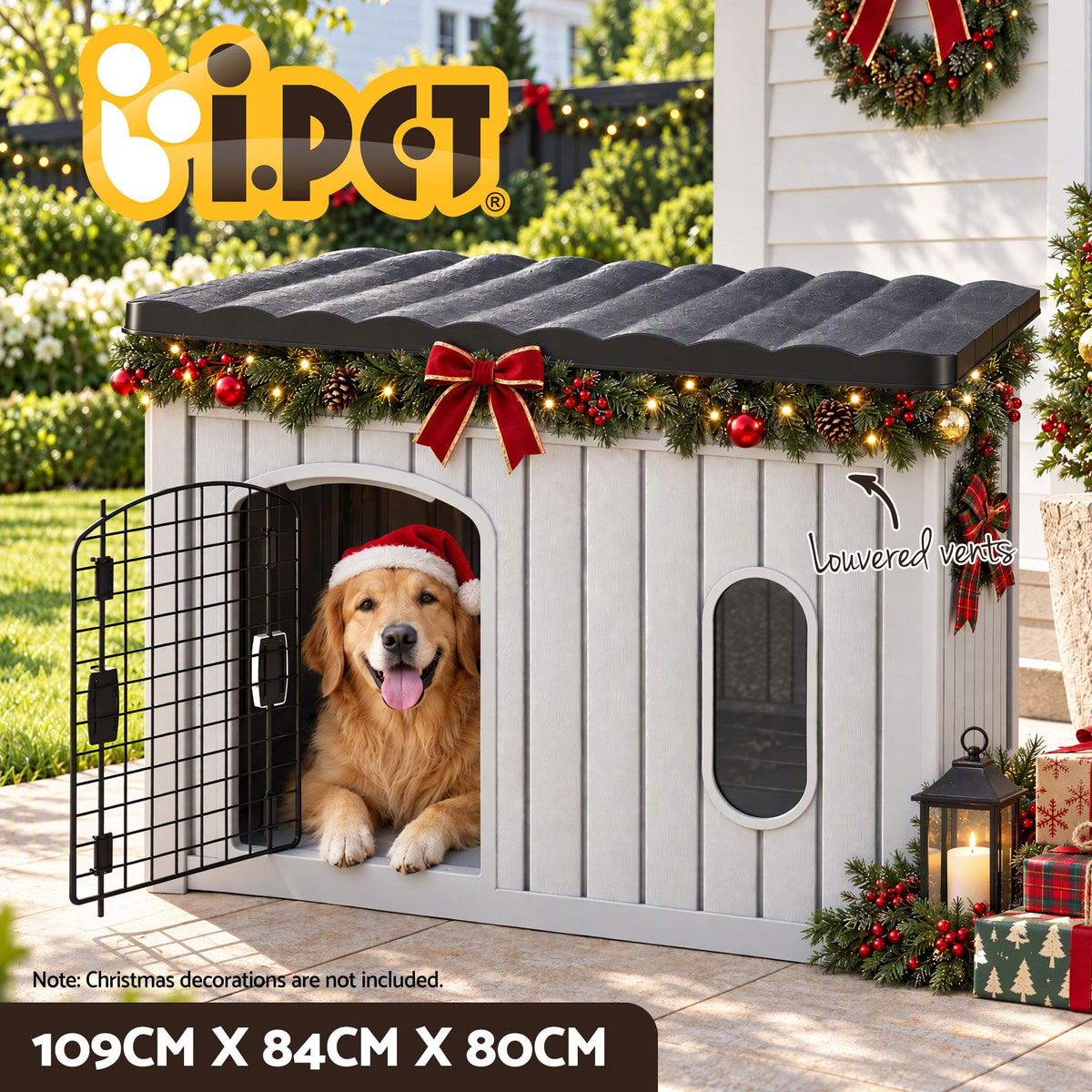 i.Pet 109cm Large Dog House Outdoor Pet Kennel with Metal Door Grey Awezingly