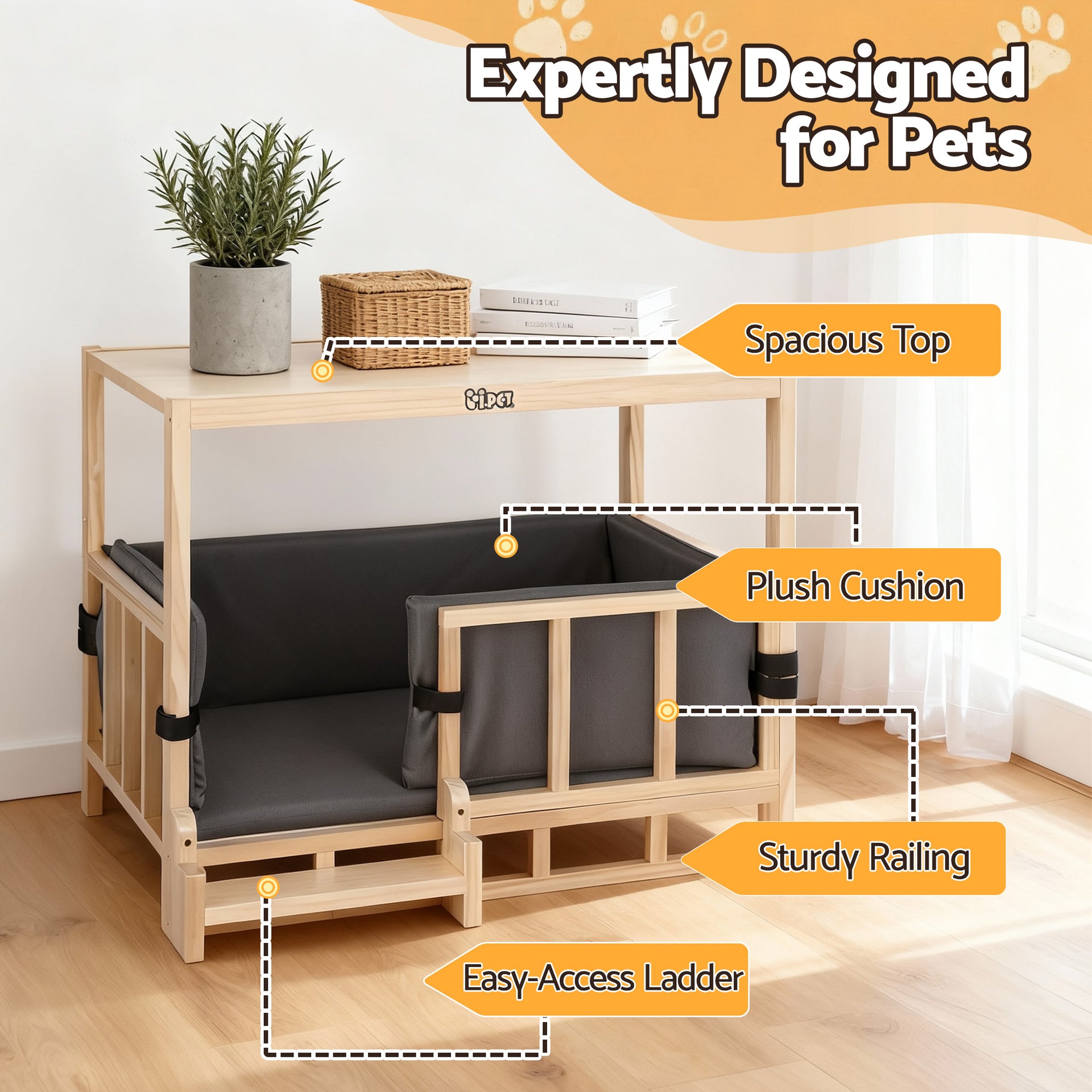 i.Pet 2in1 Dog Kennel Crate Furniture Grey Bedding Wooden House Indoor Awezingly