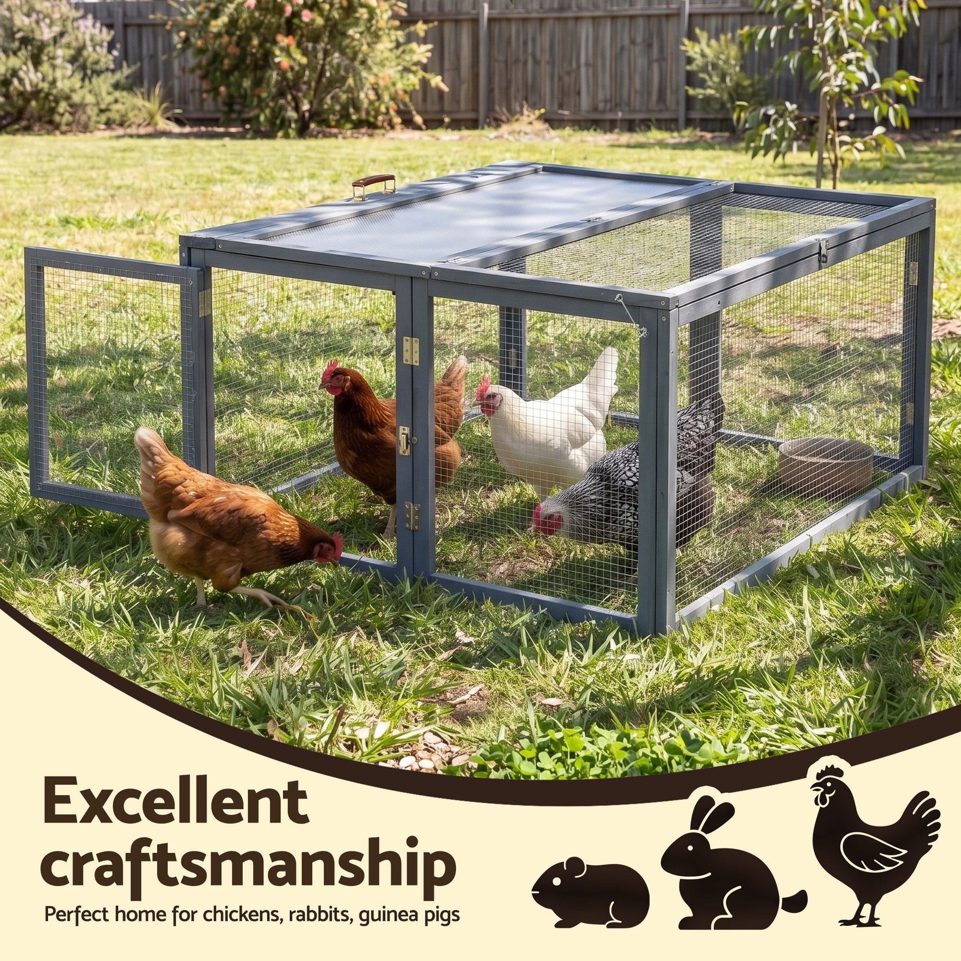 i.Pet Chicken Coop Large Portable Wooden Rabbit Run Cage Hutch Outdoor Folding Hen House 110cm Awezingly