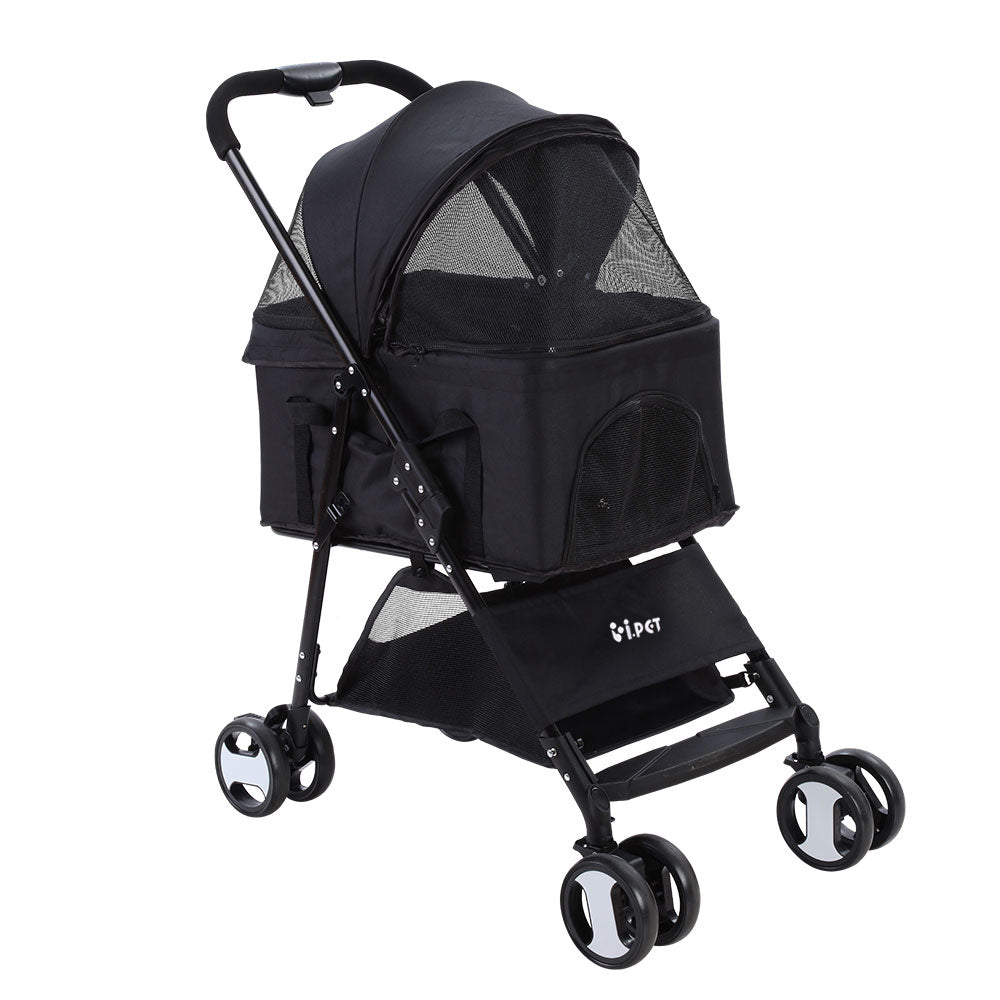 i.Pet Pet Stroller Dog Pram Cat Carrier Travel Large Pushchair Foldable 4 Wheels Black i.Pet