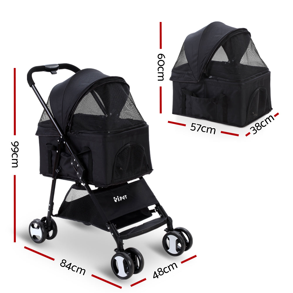 i.Pet Pet Stroller Dog Pram Cat Carrier Travel Large Pushchair Foldable 4 Wheels Black i.Pet