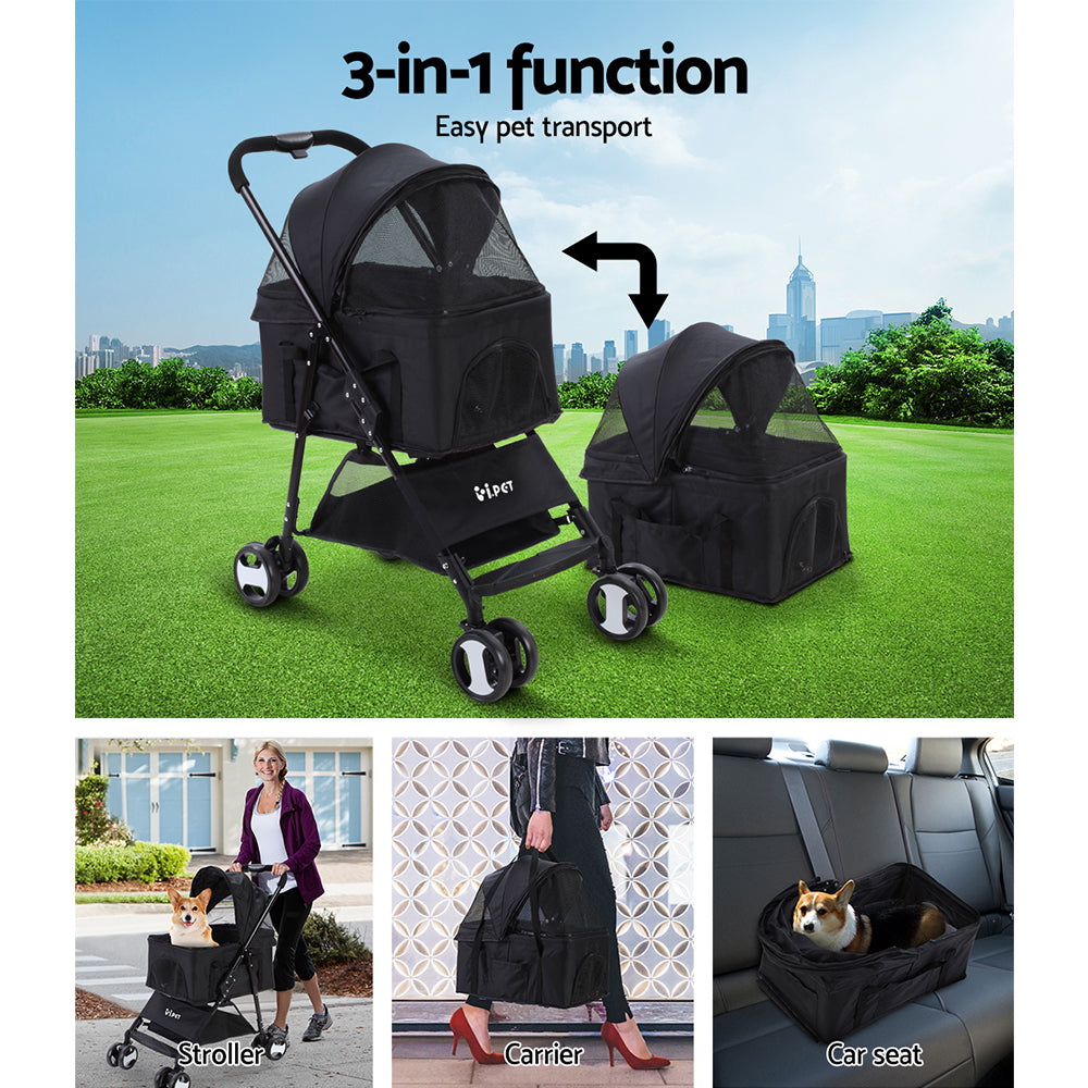 i.Pet Pet Stroller Dog Pram Cat Carrier Travel Large Pushchair Foldable 4 Wheels Black i.Pet