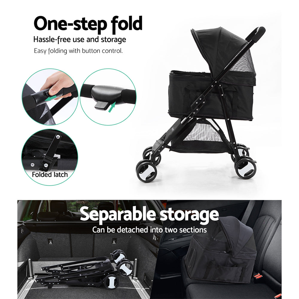 i.Pet Pet Stroller Dog Pram Cat Carrier Travel Large Pushchair Foldable 4 Wheels Black i.Pet