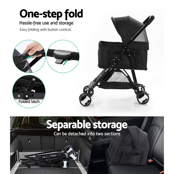 i.Pet Pet Stroller Dog Pram Cat Carrier Travel Large Pushchair Foldable 4 Wheels Black i.Pet