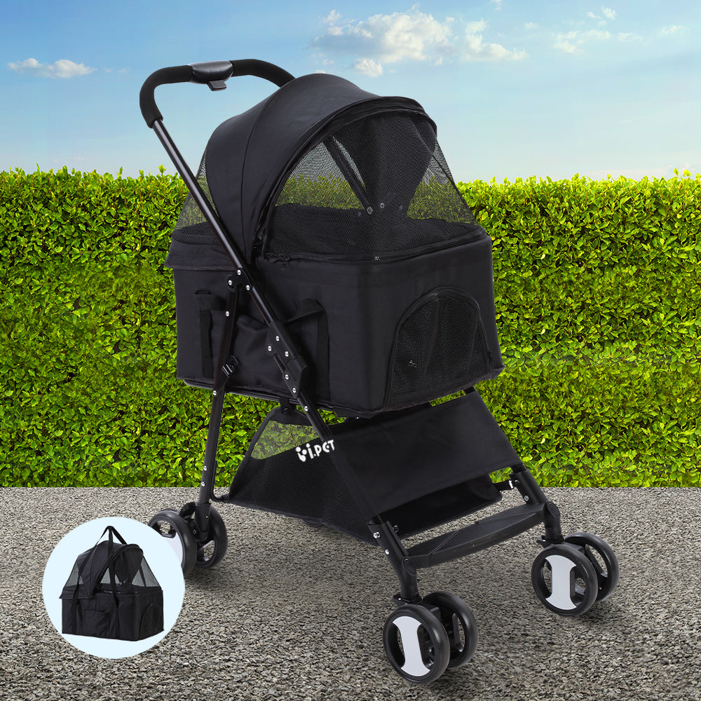 i.Pet Pet Stroller Dog Pram Cat Carrier Travel Large Pushchair Foldable 4 Wheels Black i.Pet