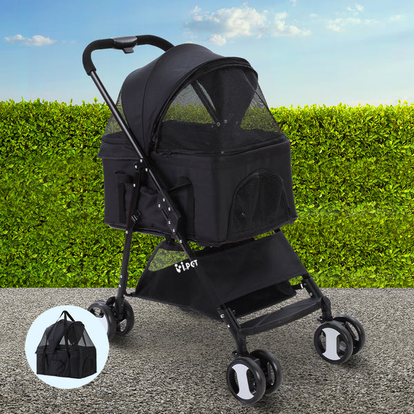 i.Pet Pet Stroller Dog Pram Cat Carrier Travel Large Pushchair Foldable 4 Wheels Black i.Pet