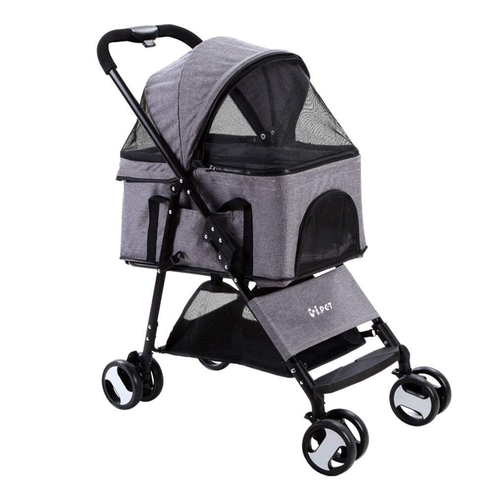 i.Pet Pet Stroller Dog Pram Cat Carrier Travel Large Pushchair Foldable 4 Wheels Grey i.Pet