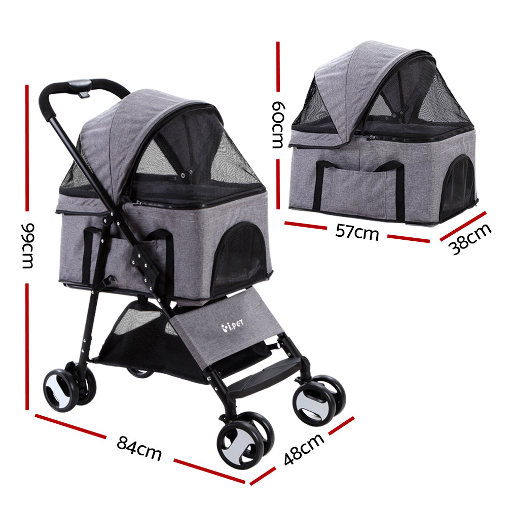 i.Pet Pet Stroller Dog Pram Cat Carrier Travel Large Pushchair Foldable 4 Wheels Grey i.Pet