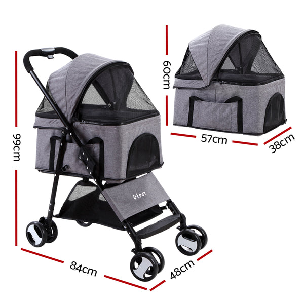 i.Pet Pet Stroller Dog Pram Cat Carrier Travel Large Pushchair Foldable 4 Wheels Grey i.Pet