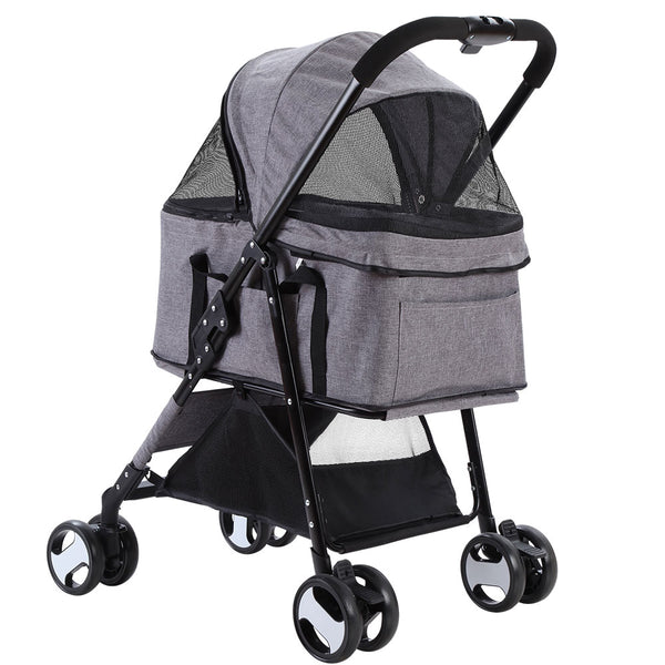 i.Pet Pet Stroller Dog Pram Cat Carrier Travel Large Pushchair Foldable 4 Wheels Grey i.Pet