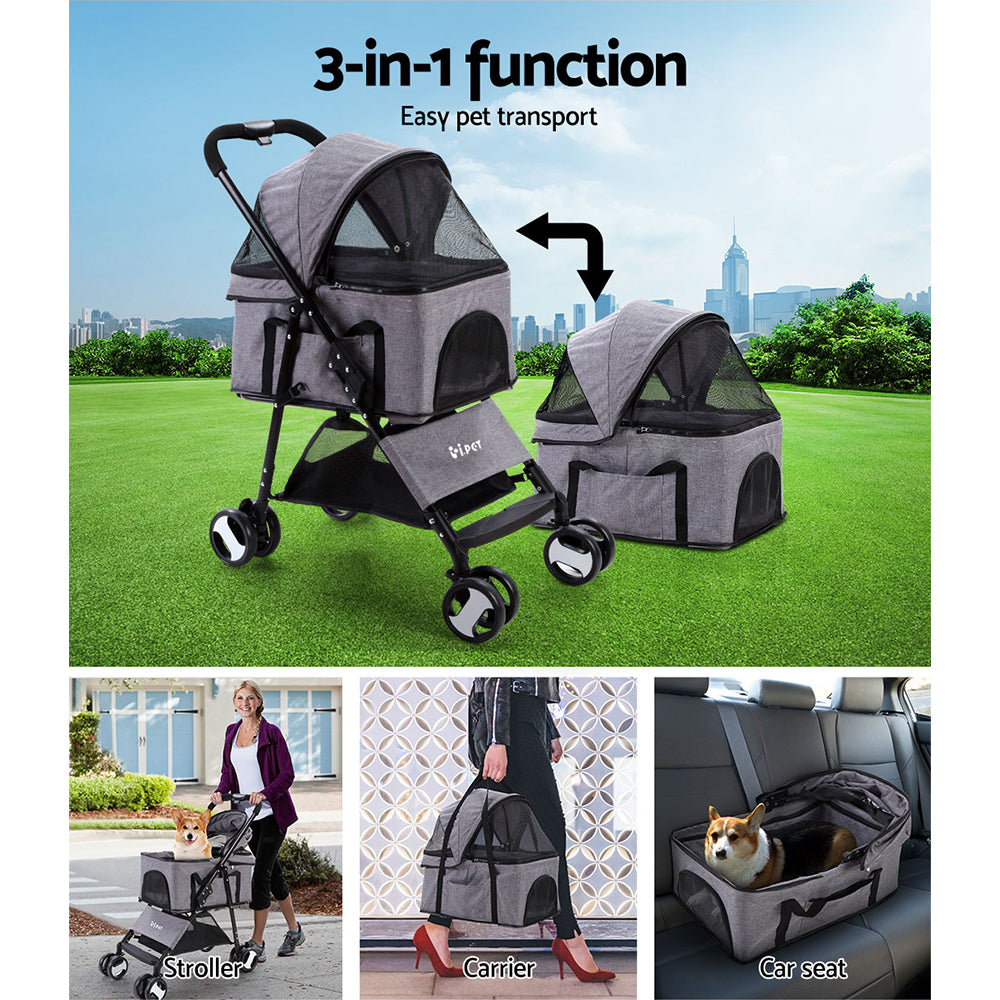 i.Pet Pet Stroller Dog Pram Cat Carrier Travel Large Pushchair Foldable 4 Wheels Grey i.Pet