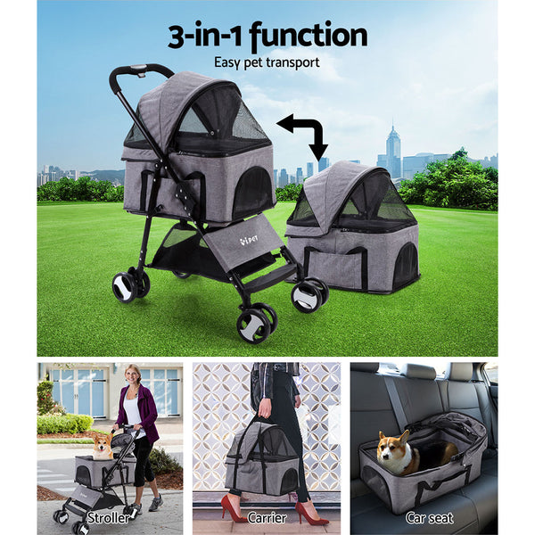 i.Pet Pet Stroller Dog Pram Cat Carrier Travel Large Pushchair Foldable 4 Wheels Grey i.Pet
