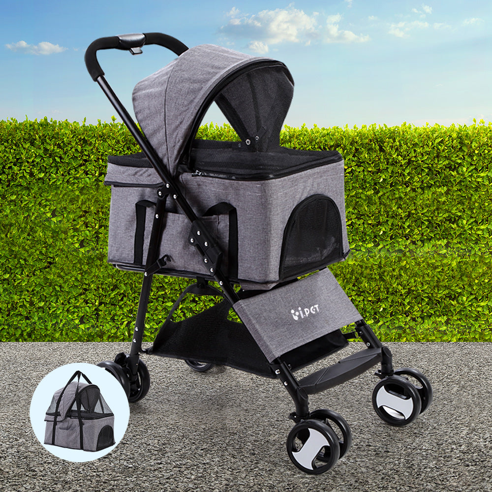 i.Pet Pet Stroller Dog Pram Cat Carrier Travel Large Pushchair Foldable 4 Wheels Grey i.Pet