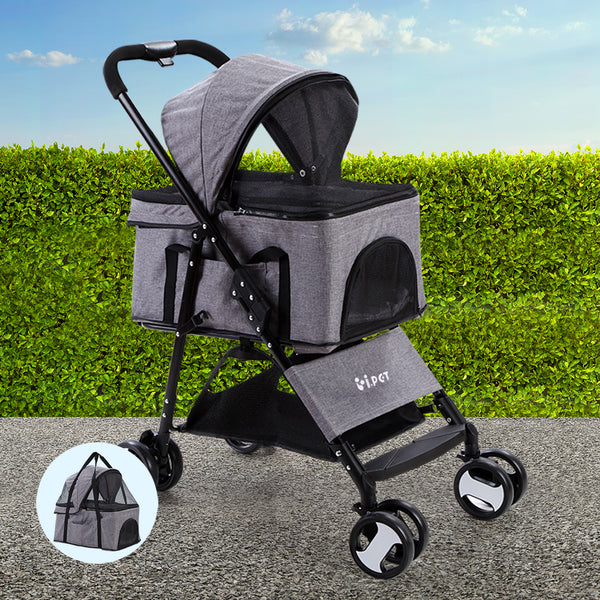 i.Pet Pet Stroller Dog Pram Cat Carrier Travel Large Pushchair Foldable 4 Wheels Grey i.Pet