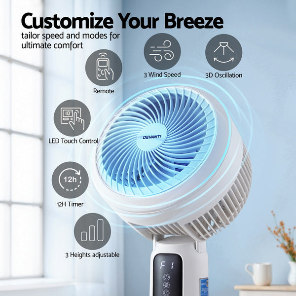 Devanti Pedestal Fan W/ Remote 3 Speed 12H Timer Height Adjustable Cooling Fan Awezingly