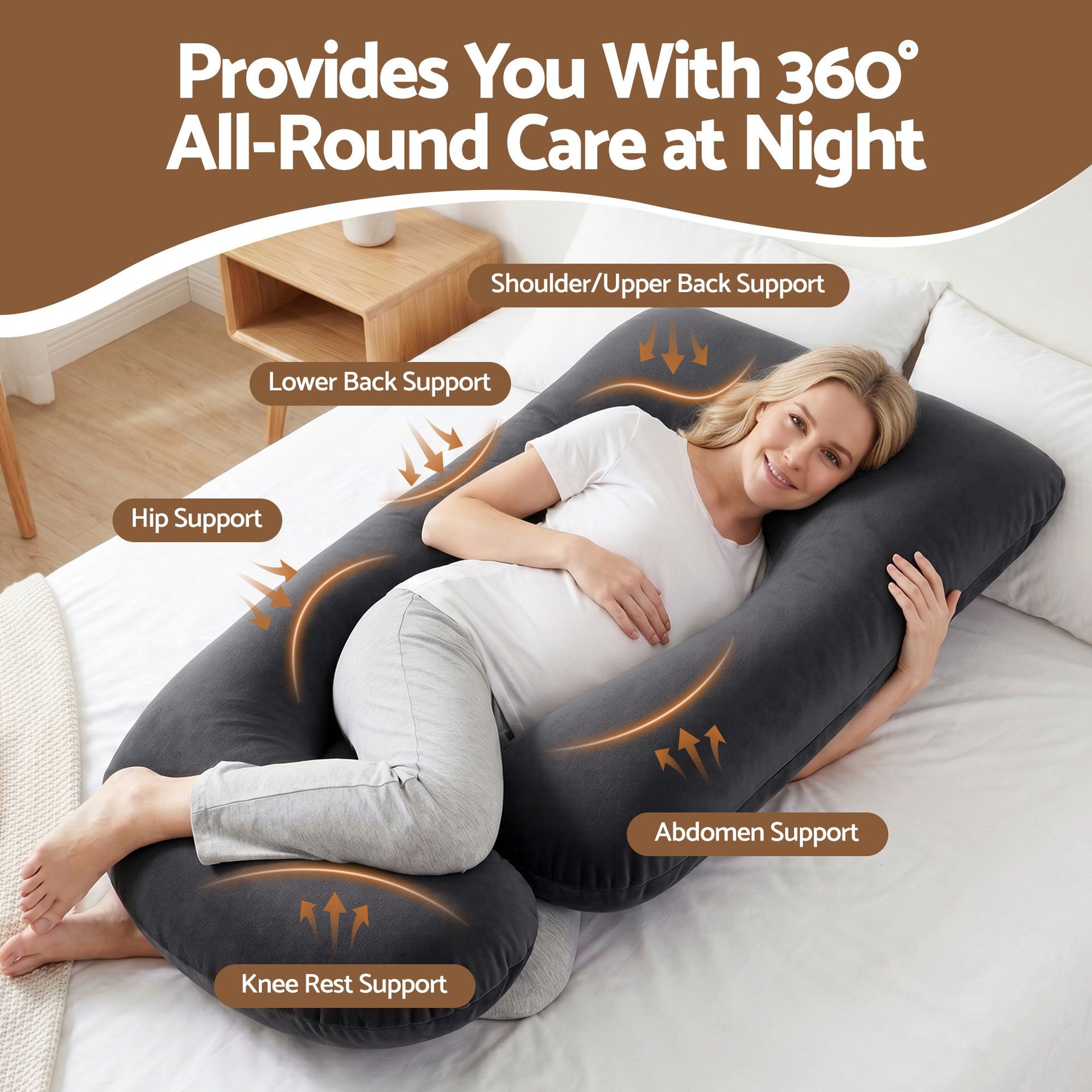 Giselle Bedding Pregnancy Pillow G-Shaped Full Body Pillow for Back and Belly Support Maternity Pillow with Removable Cover, Dark Grey 135x70 cm Awezingly