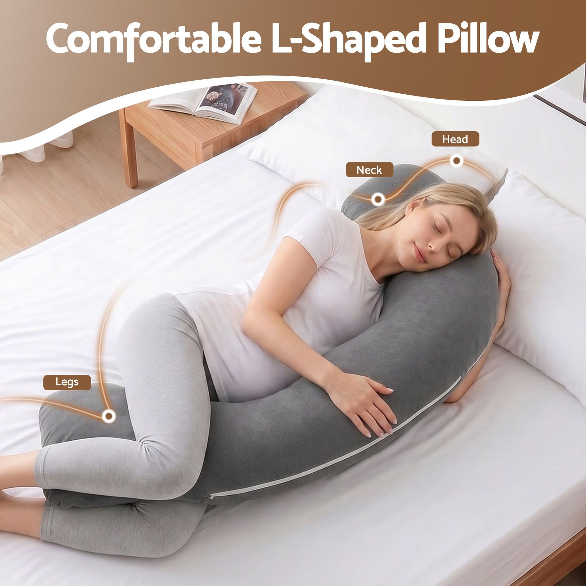 Giselle Bedding Pregnancy Pillow for Side Sleeping L-Shaped Maternity Body Pillow for Women 100% Cotton Jersey Cover for Head Neck Belly Support, 63x115 cm Grey Awezingly
