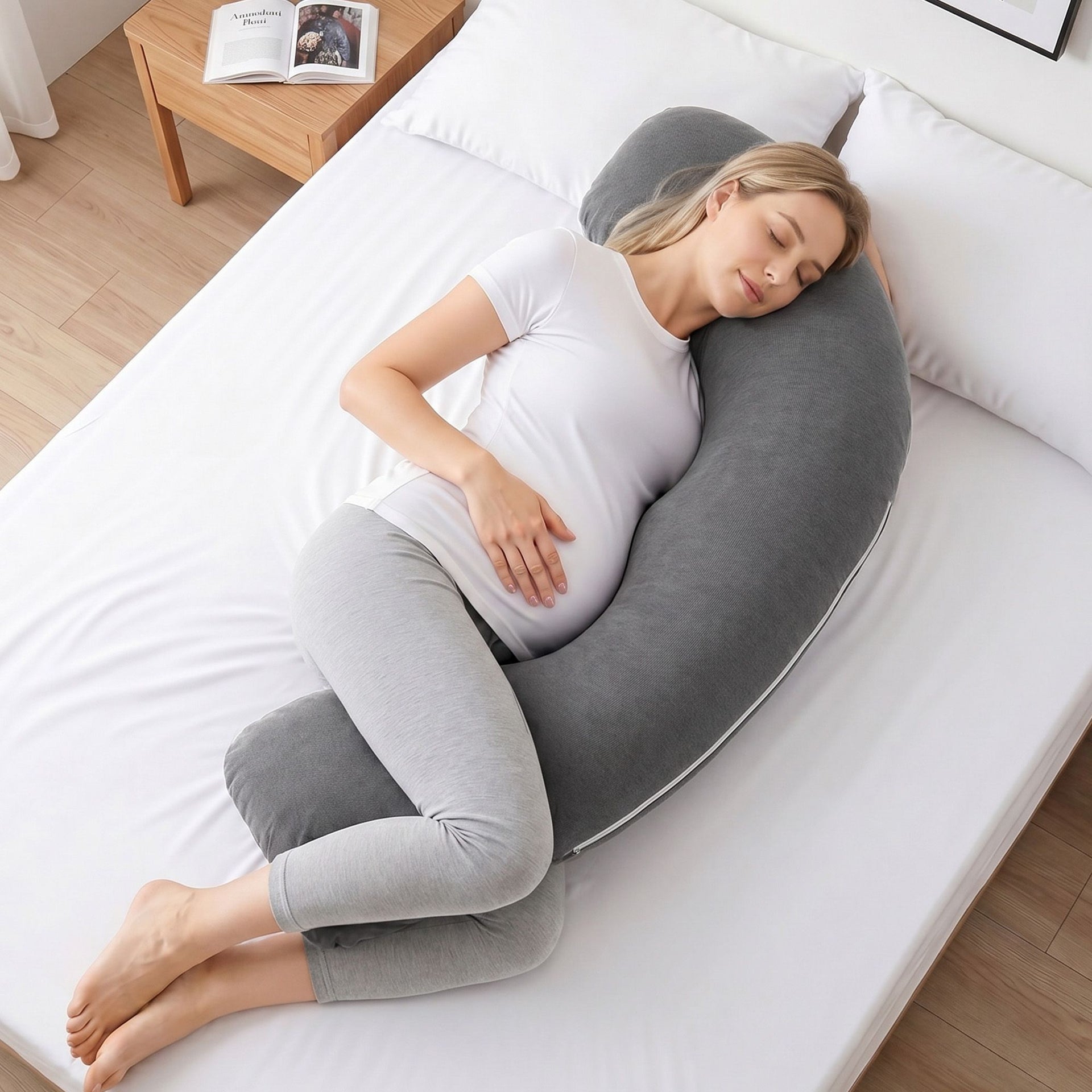 Giselle Bedding Pregnancy Pillow for Side Sleeping L-Shaped Maternity Body Pillow for Women 100% Cotton Jersey Cover for Head Neck Belly Support, 63x115 cm Grey Awezingly
