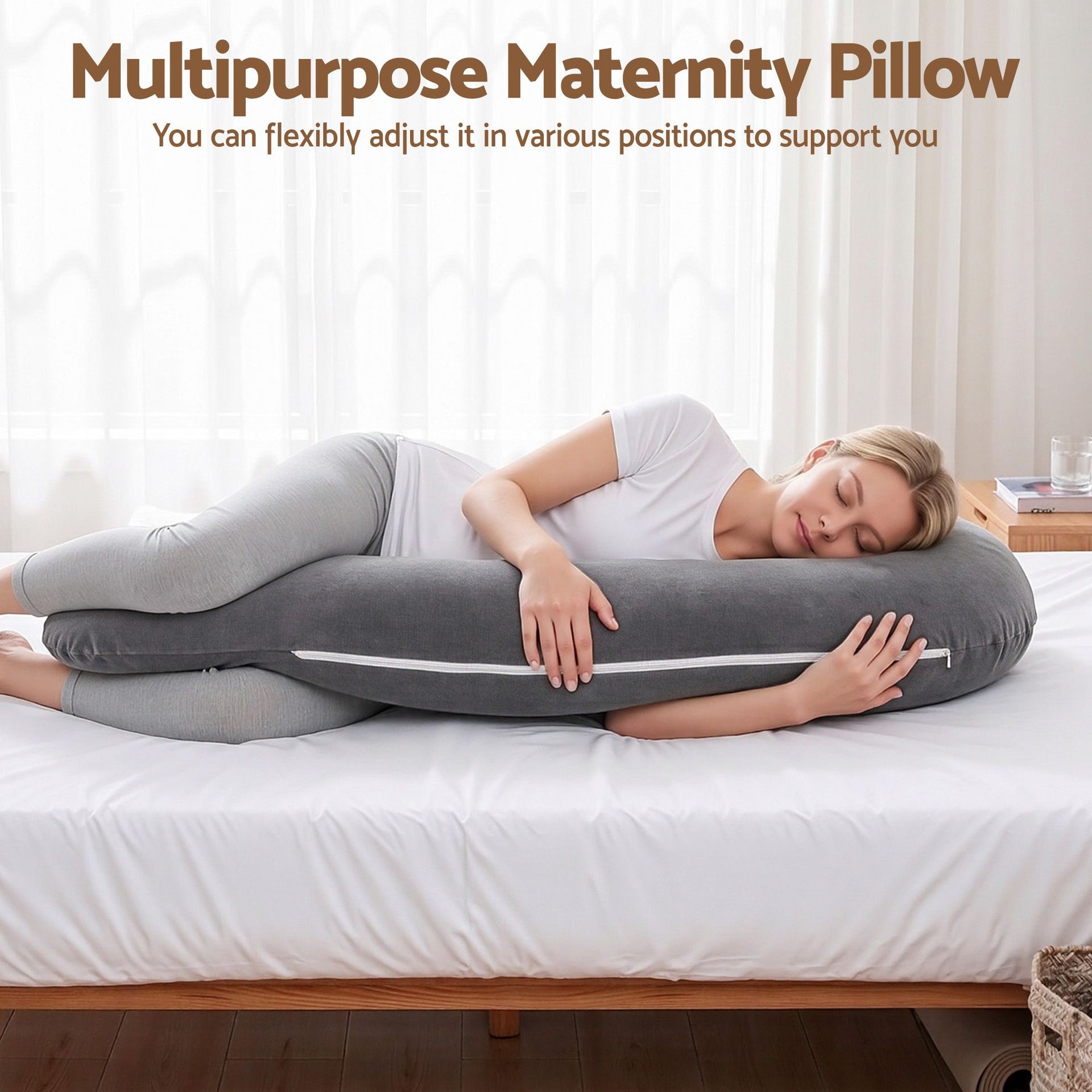 Giselle Bedding Pregnancy Pillow for Side Sleeping L-Shaped Maternity Body Pillow for Women 100% Cotton Jersey Cover for Head Neck Belly Support, 63x115 cm Grey Awezingly